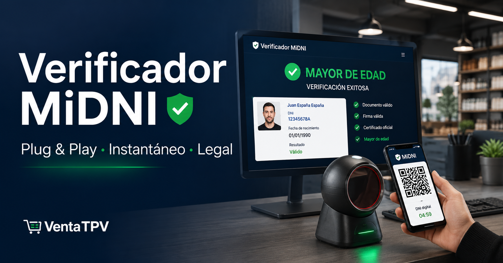 Pantalla del verificador VerificaDNI validando DNI digital MiDNI con lector QR USB