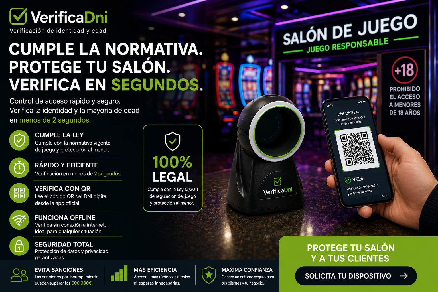 Salón de juego verificando edad con lector QR DNI digital MiDNI — VerificaDNI